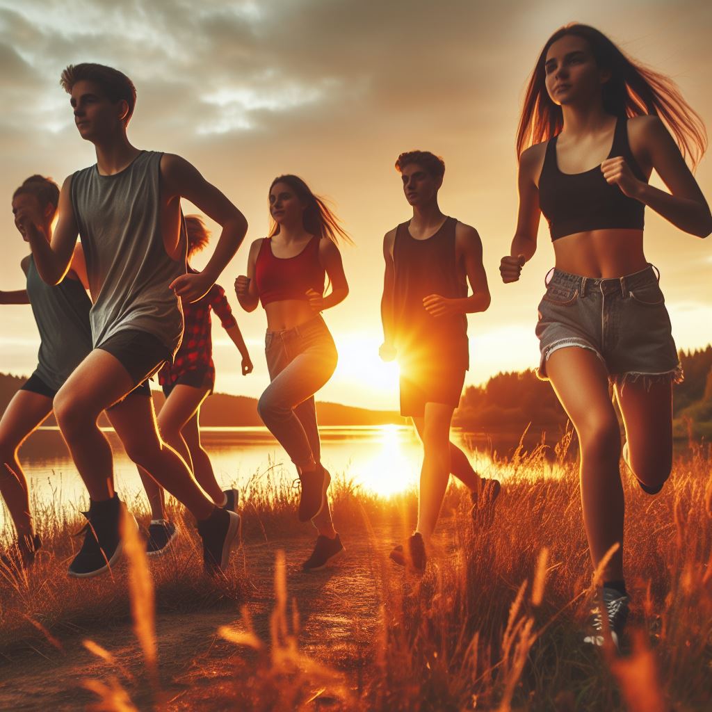 Sucesso nos estudos, jovens amigos a praticarem exercício juntos e a aproveitar o momento.