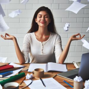 Técnicas de Estudo, imagem estudante a gerir o seu stress praticando meditação.