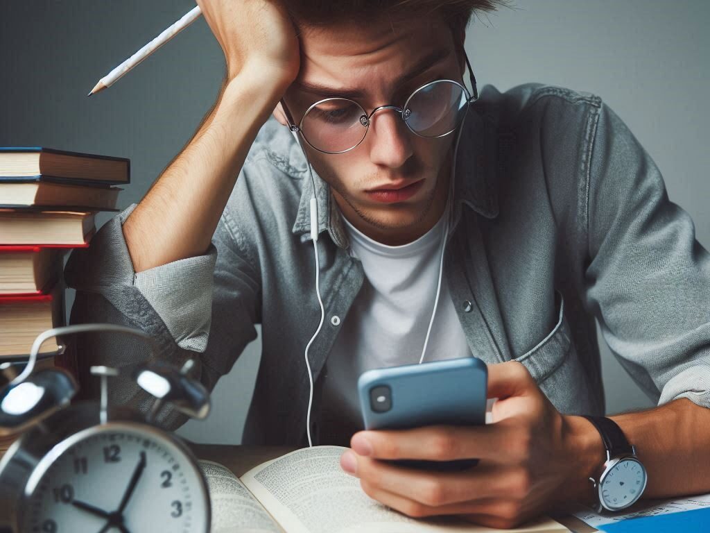 Aluno em stress por ter imensa matéria para estudar e não saber como estudar para os exames em pouco tempo.