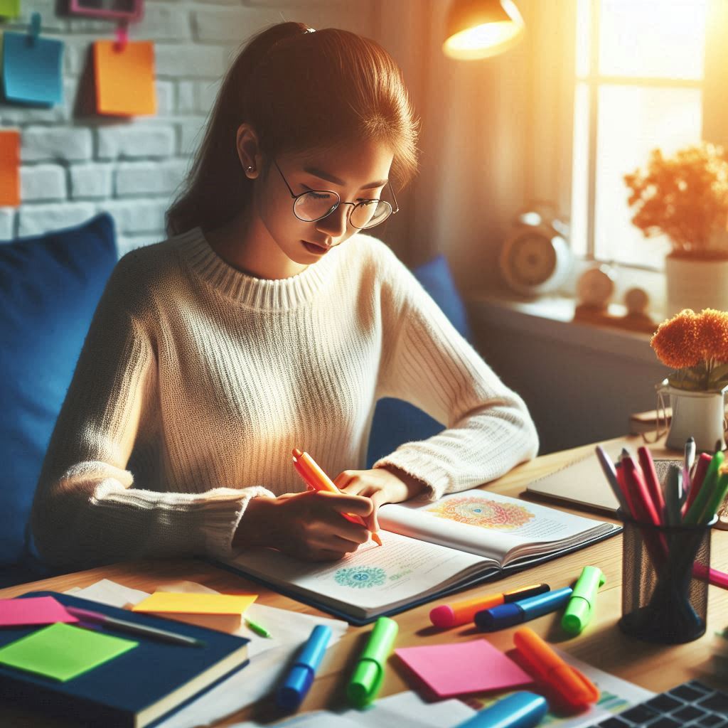 Uma estudante a anotar e a tirar apontamentos enquanto estuda, representando a importância de escolher entre anotar ou tirar apontamentos para melhorar o sucesso académico.