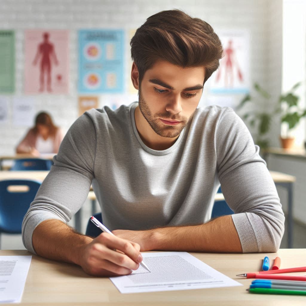 Estudante concentrado a responder a perguntas de escolha múltipla num teste, num ambiente de estudo organizado e inspirador.