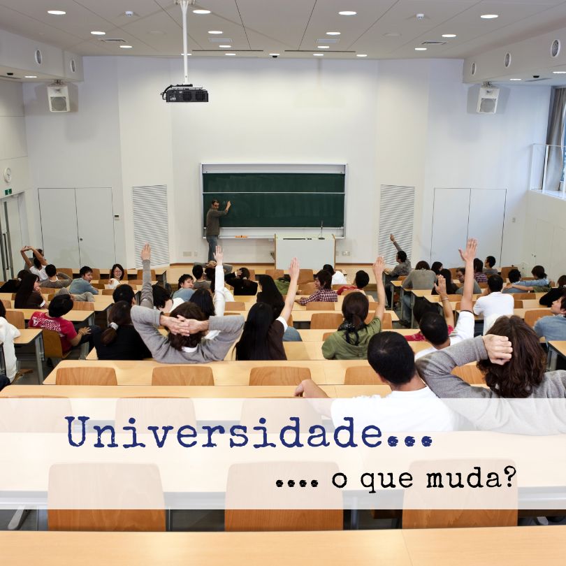 Estudantes numa sala de aula universitária com o professor ao fundo, simbolizando os novos desafios e a importância da organização para estudantes universitários no início do ensino superior.