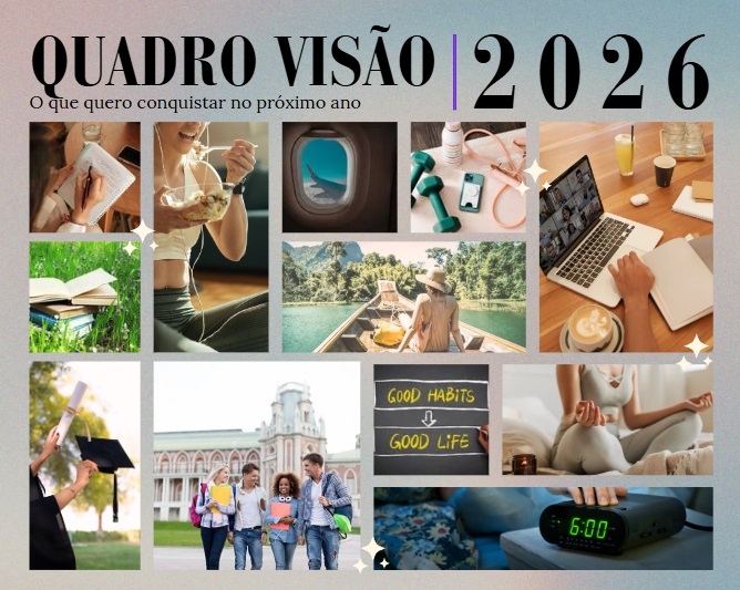 Exemplo de um quadro de visão com imagens do que queres conquistar através de uma adequada organização para estudantes universitários.