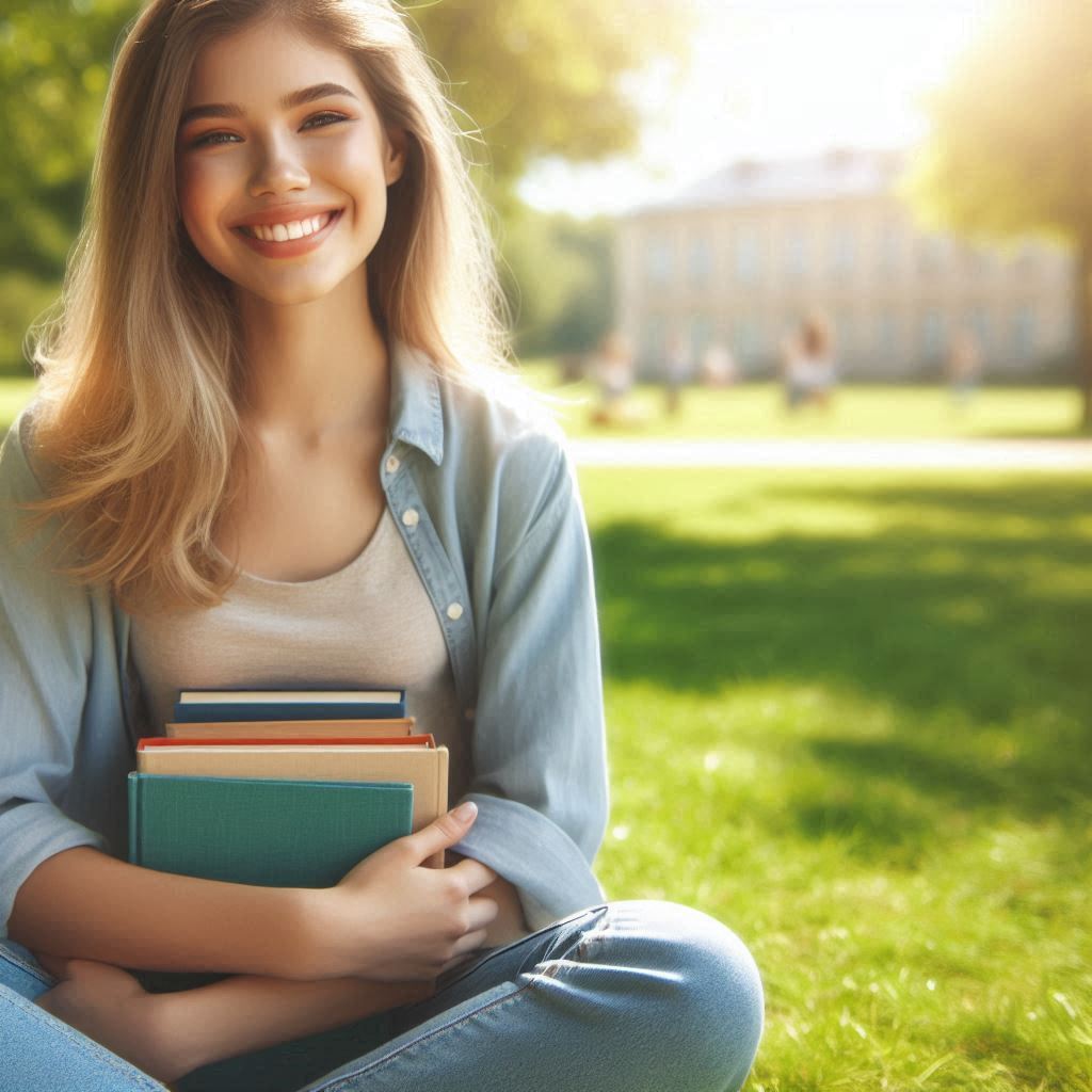 Estudante feliz e tranquila, abraçada a livros, relaxa num parque, após a sua rotina de fim de semana para reduzir o stress escolar.