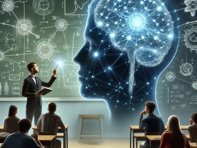 Um cérebro de estudante que está representado como uma rede de conexões iluminadas, onde novas ideias se ligam a conceitos já armazenados. No fundo, um quadro com um professor a explicar um conceito, e diagramas abstratos que representam a compreensão a ser construída numa sala de aula.