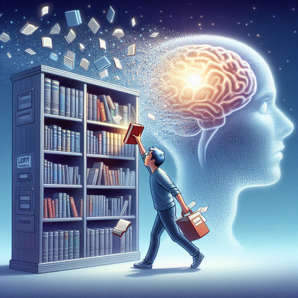 Uma representação simbólica do cérebro como uma grande biblioteca com prateleiras cheias de livros. Um estudante coloca um novo livro (informação aprendida) na prateleira, enquanto outro livro, deixado ao acaso, começa a desaparecer em partículas de luz, representando a 'memória de curto prazo a desaparecer se não for armazenada corretamente. Um efeito brilhante destaca os livros bem organizados na 'memória de longo prazo'.