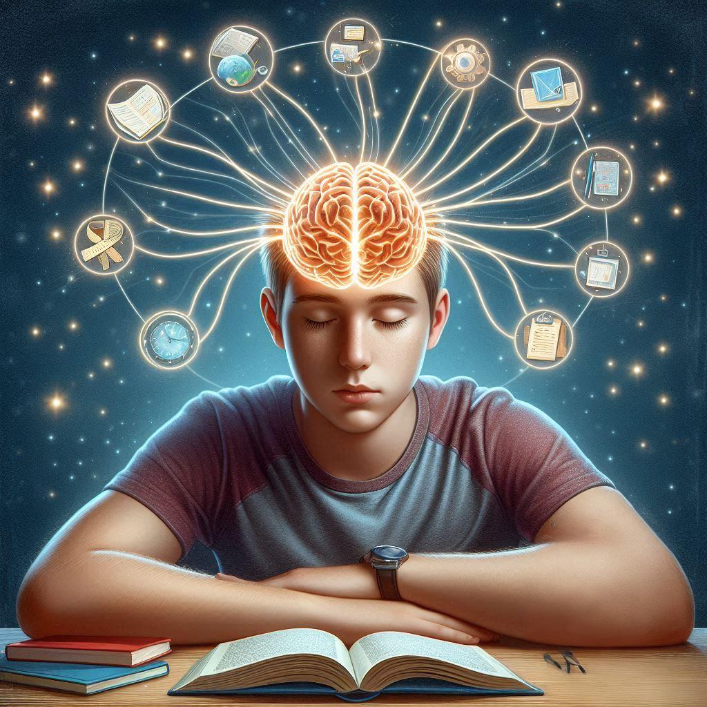 Um estudante sentado à secretária, de olhos fechados, com um efeito visual que mostra o seu cérebro a recuperar uma memória. Uma linha de luz conecta a sua mente a um livro ou notas à sua frente, como se a informação estivesse a ser puxada de um arquivo interno. No fundo, um relógio a sugerir a importância da revisão ao longo do tempo.