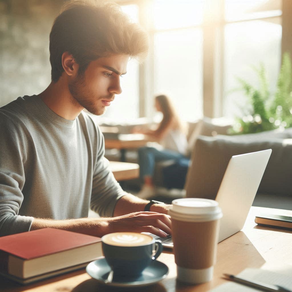 Estudante concentrado a trabalhar no portátil num café, a explorar formas de como ganhar dinheiro sendo estudante.