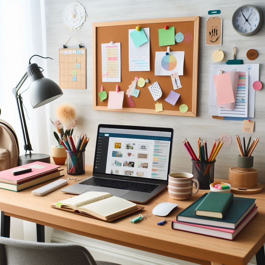 Uma de mesa de estudante aconchegante e organizada para a volta às aulas. Há um quadro de avisos com post-its, e um checklist para o regresso às aulas. Uma mochila e novos livros escolares estão próximos. O ambiente é claro, limpo e inspirador.