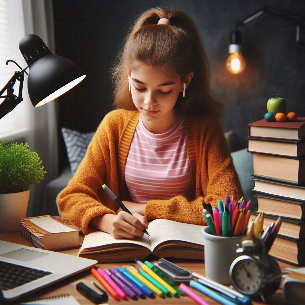 Aluna concentrada a estudar e aplicar as estratégias que aprendeu sobre Como Estudar Melhor.