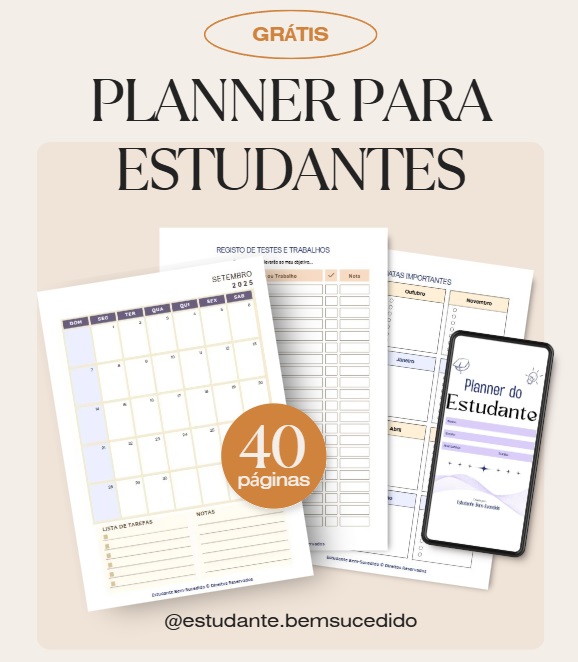 Visualização do melhor planner para estudantes. Completo, grátis e atualizado para o ano letivo 2025-2026.