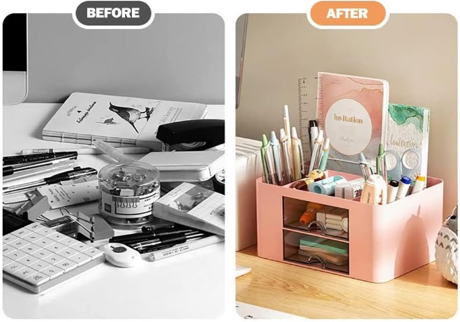Produto para organizar secretária de estudo – antes e depois do organizador de secretária com gavetas e separadores